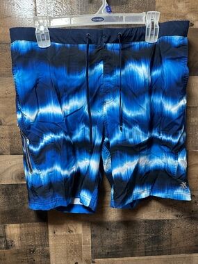 ZeroXposur Swim Trunks Mens XL Blue Wave Board Short Lined Drawstring 8” Inseam